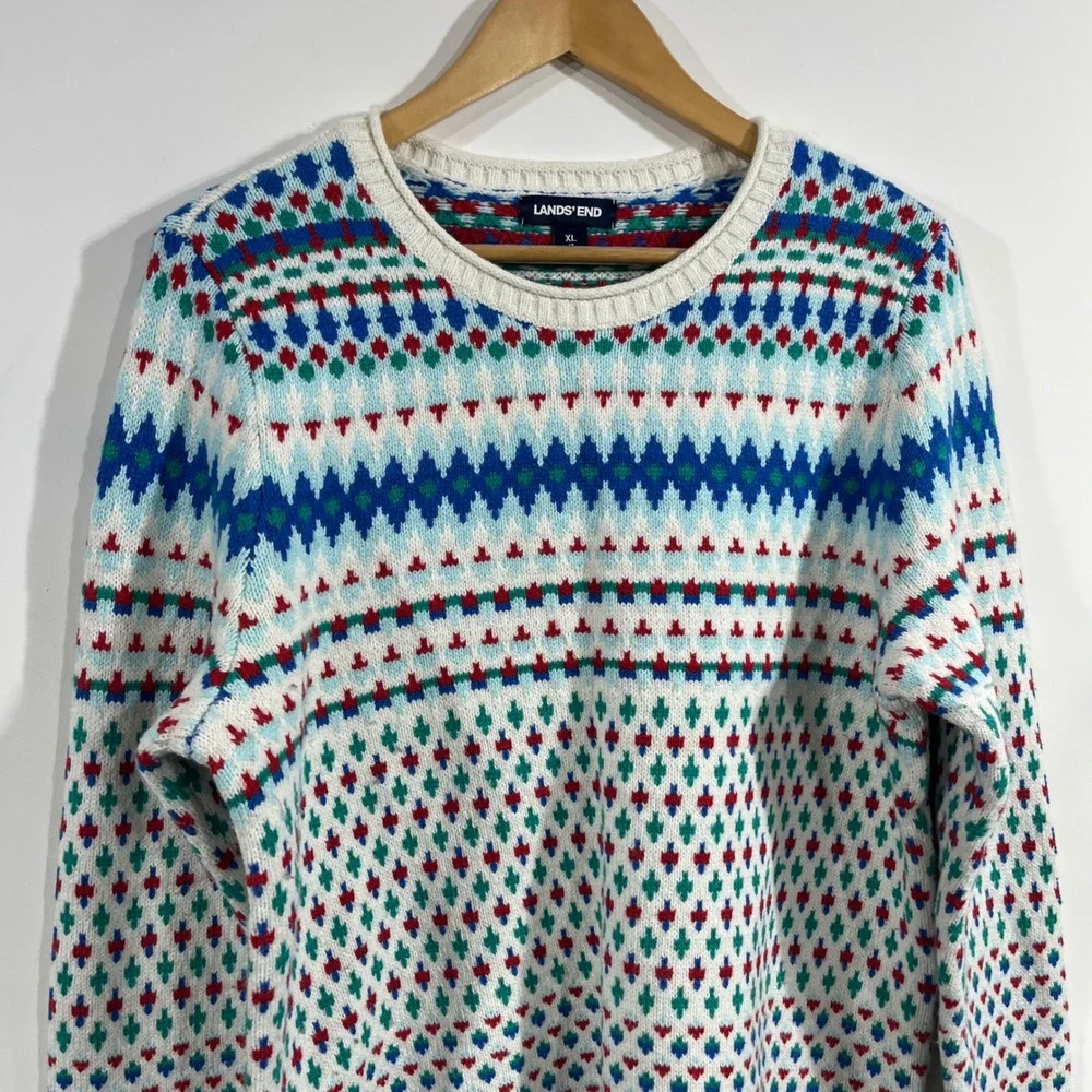 Lands End Fair Isle Crew Neck Sweater Cotton Wool Blend Women XL Multi Color Ski - Picture 2 of 9